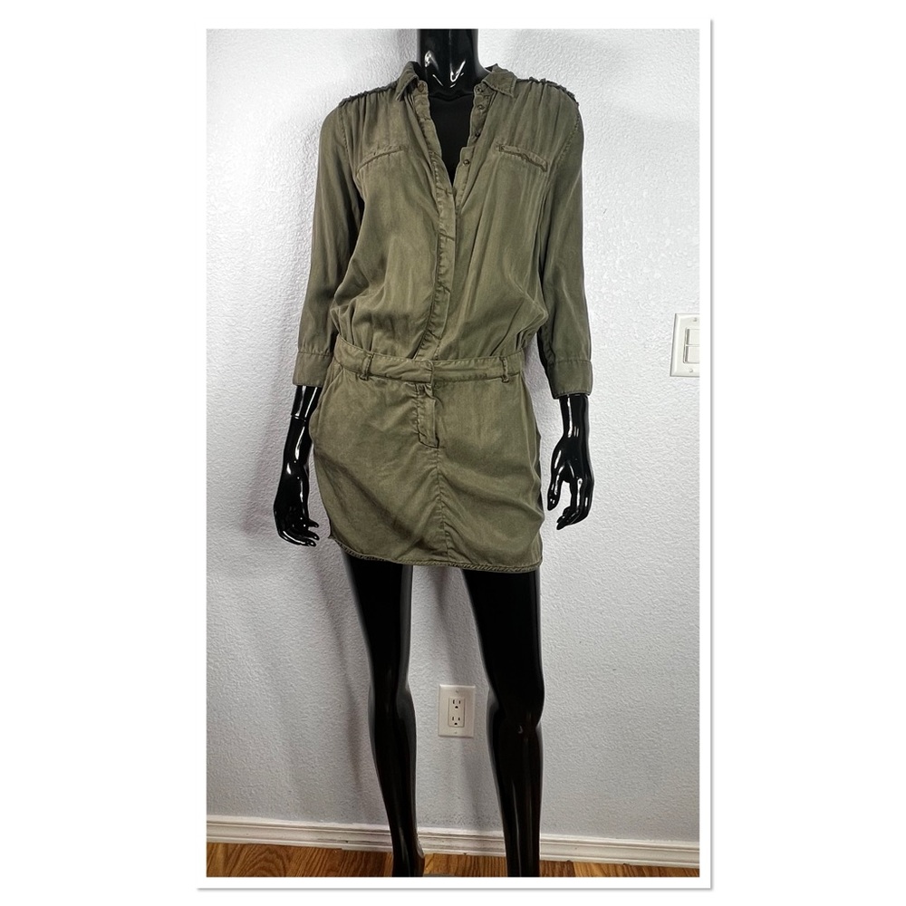 ETIENNE MARCEL OLIVE MINI 100% Lyocell Dress Sz S Snap Button Denim Mini Olive